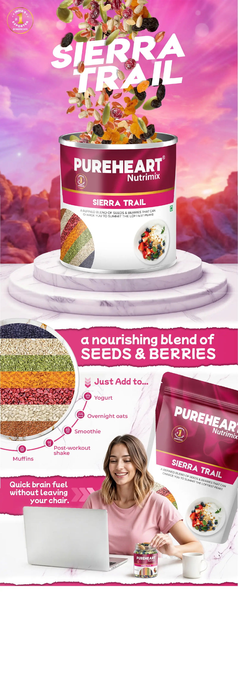 About Pureheart Sierra Trail Mix | High-Fiber Seed & Berry Blend | Pumpkin, Sunflower, Flax Seeds with Cranberry & Raisins | Natural Superfood Snack for Digestion - 1 (Mobile)