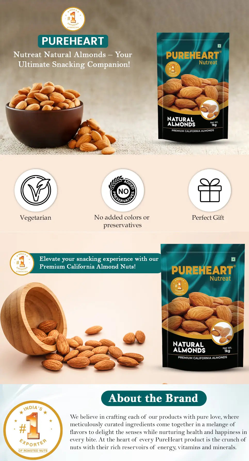 About Pureheart Nutreat Natural Almonds  Premium California Almond Nuts/Dry Fruit, Crunchy & Delicious Dried Badam, Resealable Pouch - 1