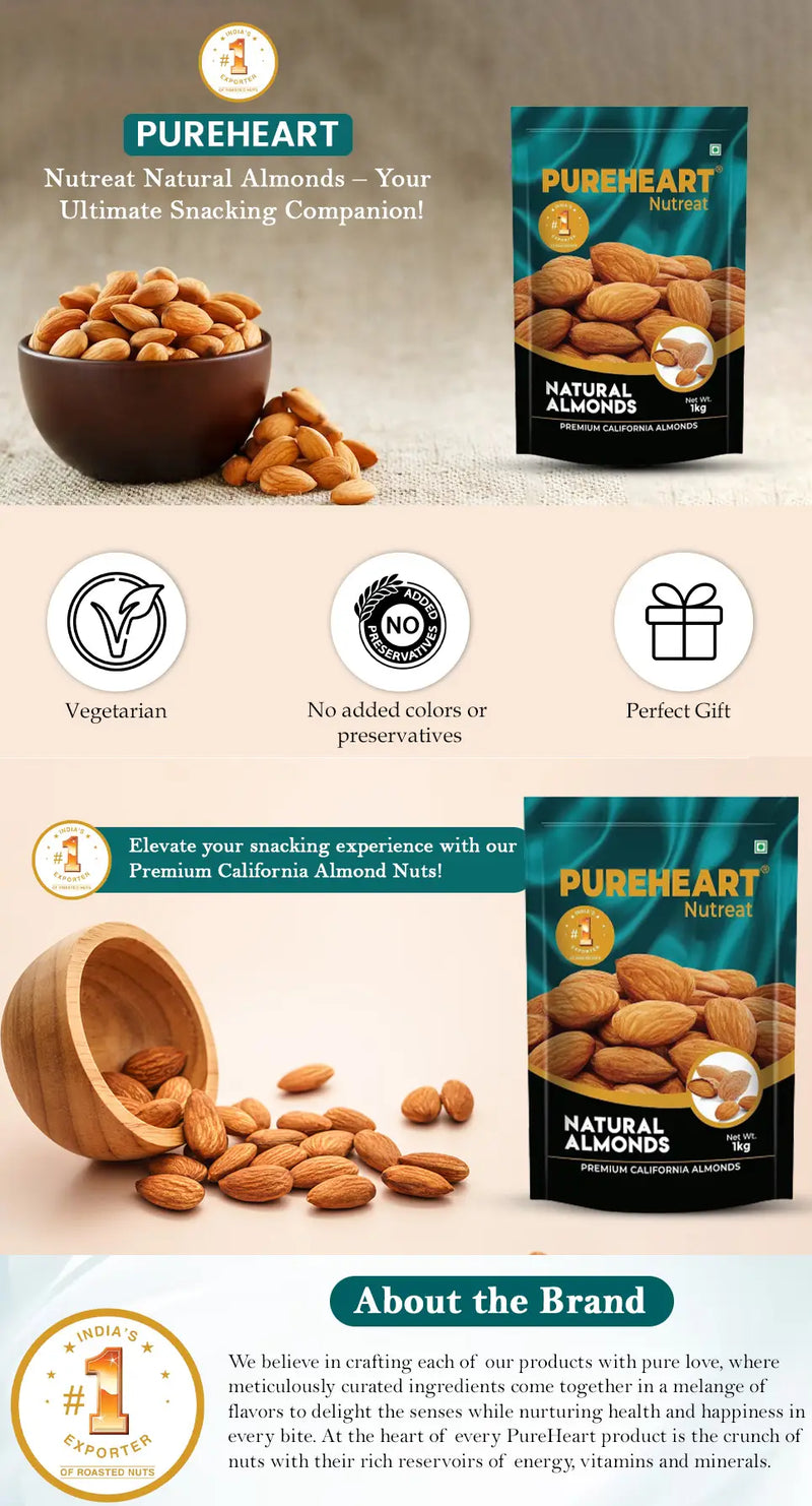 About Pureheart Nutreat Natural Almonds  Premium California Almond Nuts/Dry Fruit, Crunchy & Delicious Dried Badam, Resealable Pouch - 1 (Mobile)