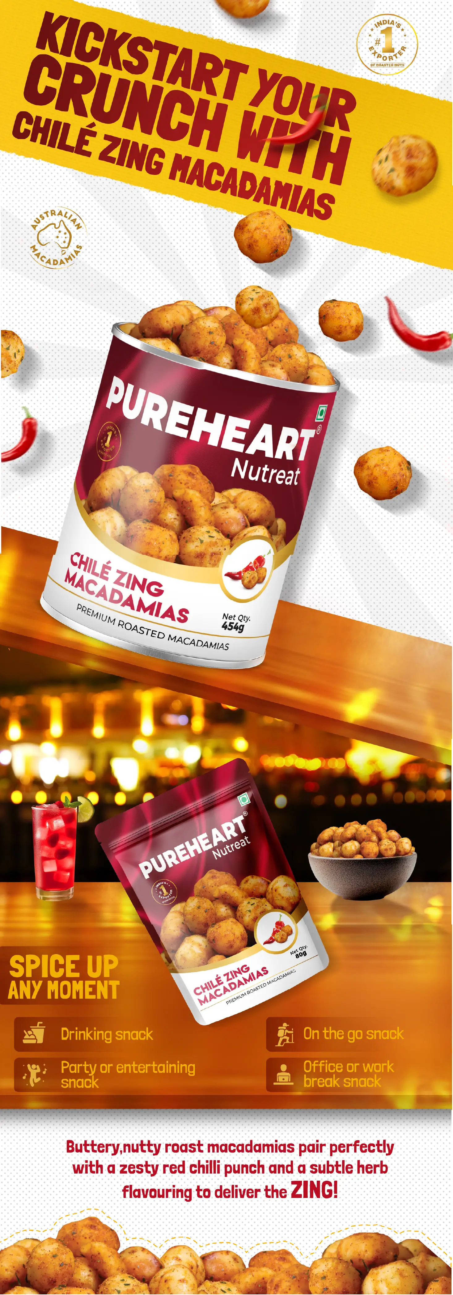 About PUREHEART Nutreat Chile Zing Australian Macadamias – Spicy Roasted Macadamia Nuts | Buttery Crunch Snack | 454g | Gluten-Free & Keto-Friendly - 1