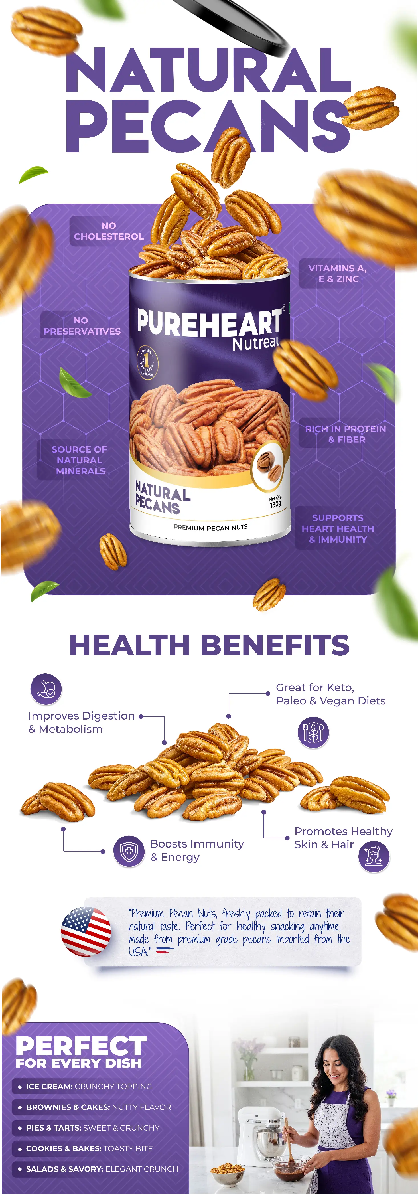 About Pureheart Premium Pecan Nuts 180g | Premium Natural Pecans | Healthy Dry Fruits Snack | Rich in Protein, Fibre & Antioxidants | Ideal for Snacking & Baking - 1