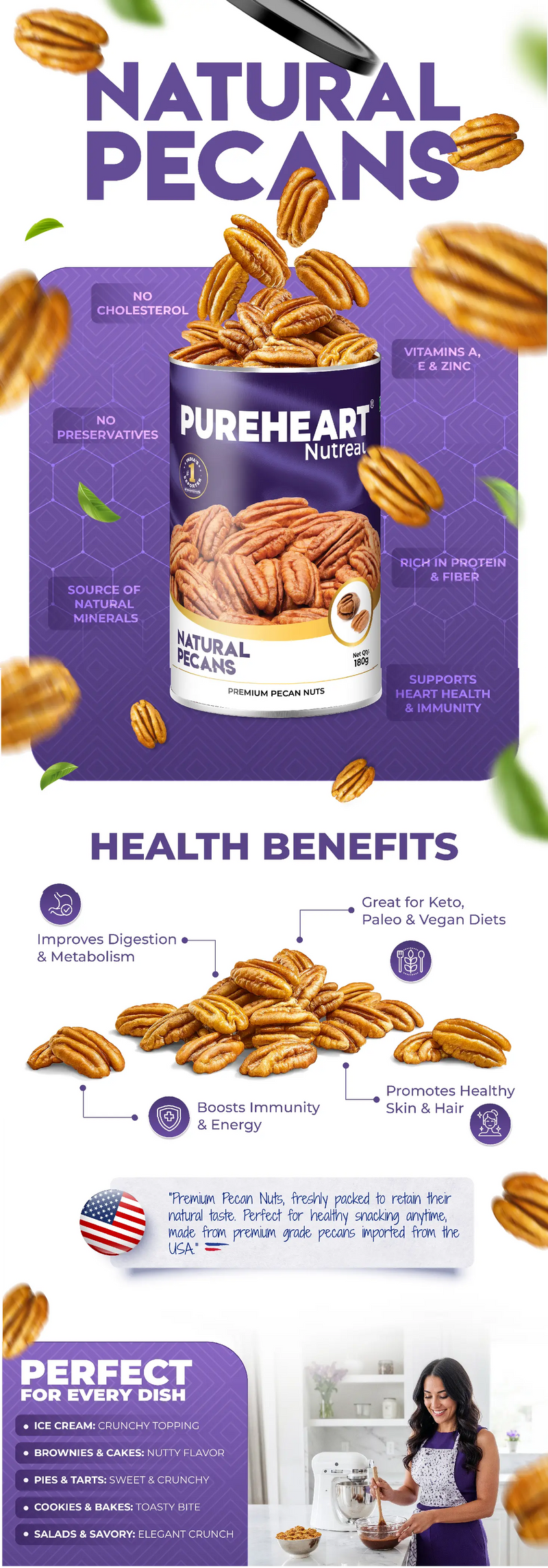 About Pureheart Premium Pecan Nuts 180g | Premium Natural Pecans | Healthy Dry Fruits Snack | Rich in Protein, Fibre & Antioxidants | Ideal for Snacking & Baking - 1 (Mobile)