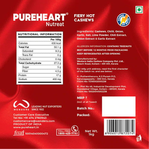 Pureheart Nutreat Fiery Hot Cashews  Natural Premium Spicy Roasted Whole Cashew Nuts/Kaju Dry Fruit, Crunchy & Delicious Chili Cashews - Resealable Pouch