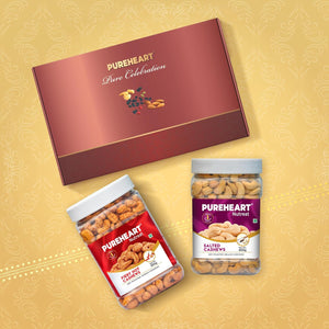 PUREHEART Diwali Gift Hamper - Combo of Fiery Hot Cashews, Salted Cashews (650 g, each) with Bournville Dark Chocolate, Ganpati Diya and Happy Diwali Card, Dry Fruits Gift Box