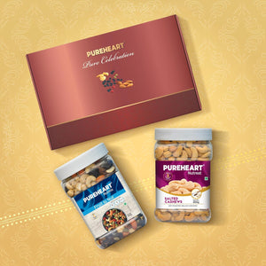 PUREHEART Diwali Gift Hamper - Combo of Fruit & Nut Nutmix, Salted Cashews (650 g, each) with Bournville Dark Chocolate, Ganpati Diya and Happy Diwali Card, Dry Fruits Gift Box