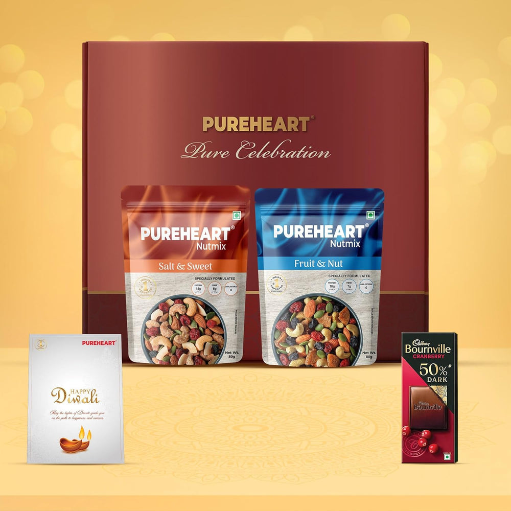 PUREHEART Diwali Gift Hamper - Combo of Fruit & Nut, Sweet & Salt Nutmix (80 g, each) with Bournville Dark Chocolate and Happy Diwali Card, Dry Fruits Gift Box