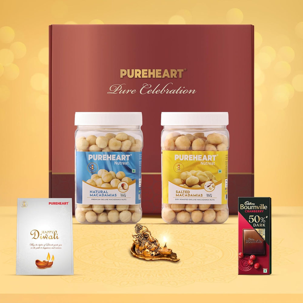 PUREHEART Diwali Gift Hamper - Combo of Natural Macadamia, Salted Macadamia (650 g, each) with Bournville Dark Chocolate, Ganpati Diya and Happy Diwali Card, Dry Fruits Gift Box