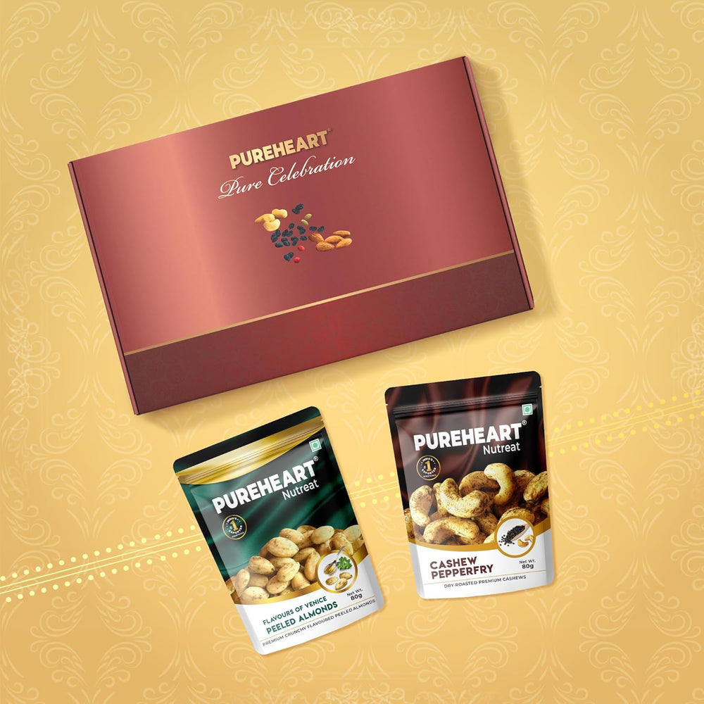 PUREHEART Diwali Gift Hamper - Combo of Pepperfry Cashews, Flavours of Venice Peeled Almonds (80 g, each) with Bournville Dark Chocolate, Diya and Happy Diwali Card, Dry Fruits Gift Box