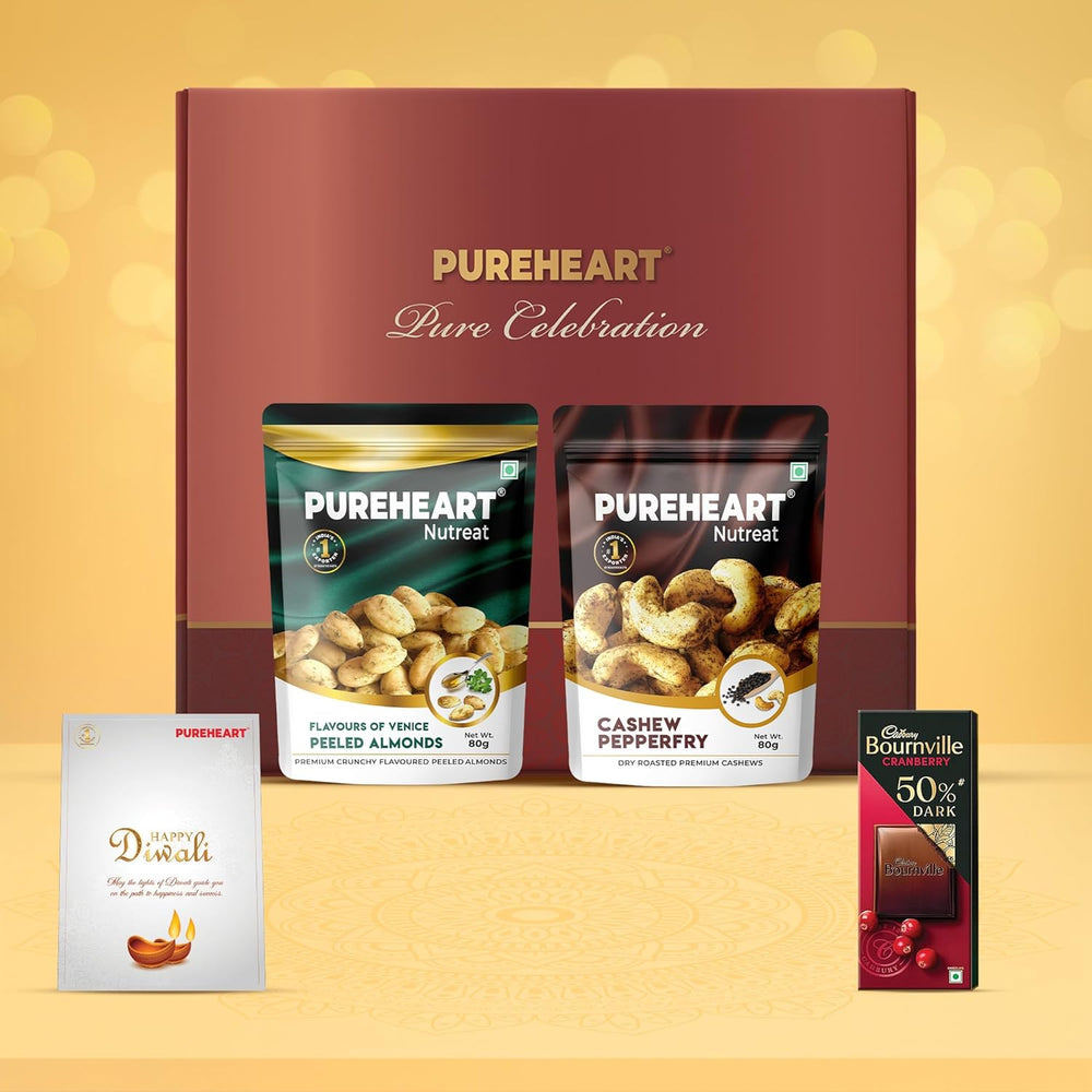 PUREHEART Diwali Gift Hamper - Combo of Pepperfry Cashews, Flavours of Venice Peeled Almonds (80 g, each) with Bournville Dark Chocolate and Happy Diwali Card, Dry Fruits Gift Box