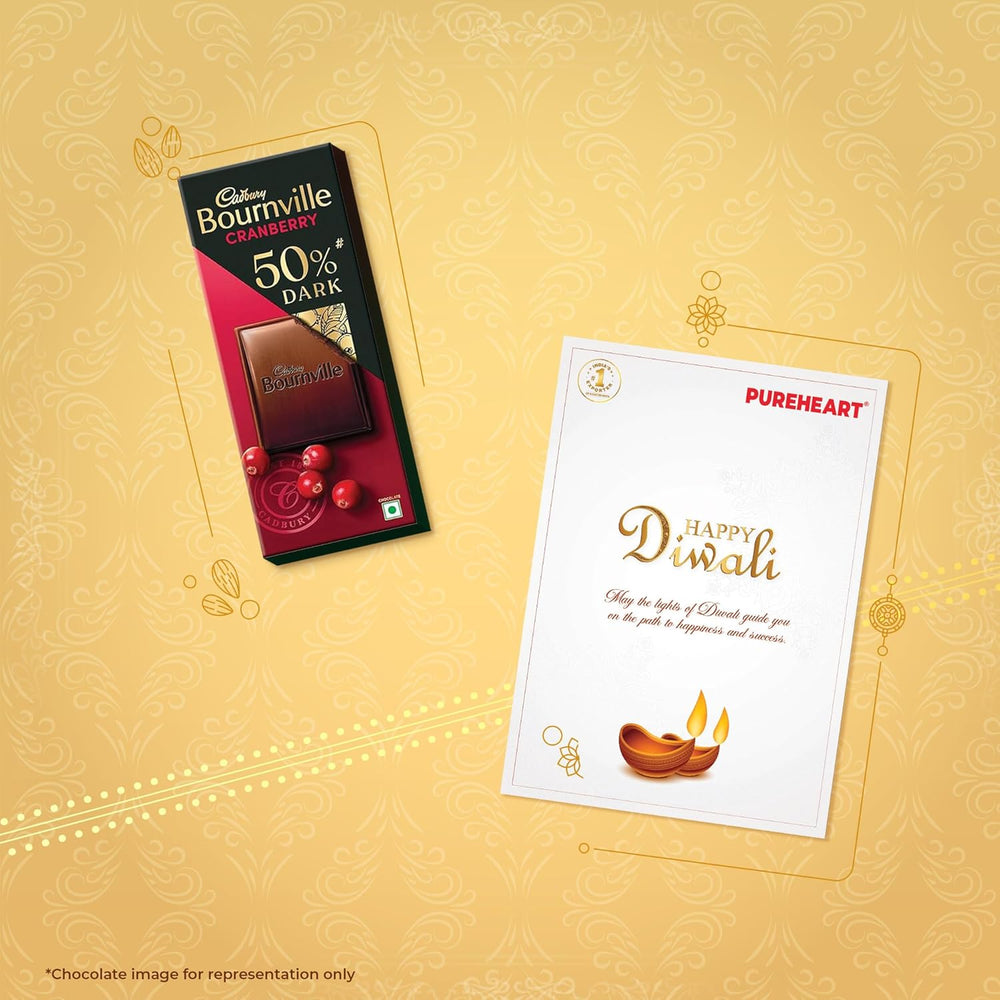 PUREHEART Diwali Gift Hamper - Combo of Pepperfry Cashews, Flavours of Venice Peeled Almonds (80 g, each) with Bournville Dark Chocolate and Happy Diwali Card, Dry Fruits Gift Box