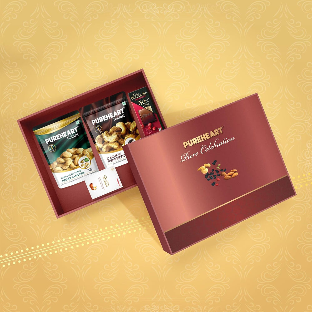 PUREHEART Diwali Gift Hamper - Combo of Pepperfry Cashews, Flavours of Venice Peeled Almonds (80 g, each) with Bournville Dark Chocolate and Happy Diwali Card, Dry Fruits Gift Box