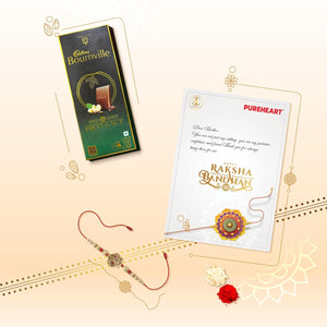 PUREHEART Rakhi Gift Hamper - Premium Dry Fruits Salted Cashews, Fiery Hot Cashews (650g, each), Cadbury Bournville Fruit & Nut Dark Chocolate with Rakhi for Brother, Gift Card, Pooja Rice, Kumkum