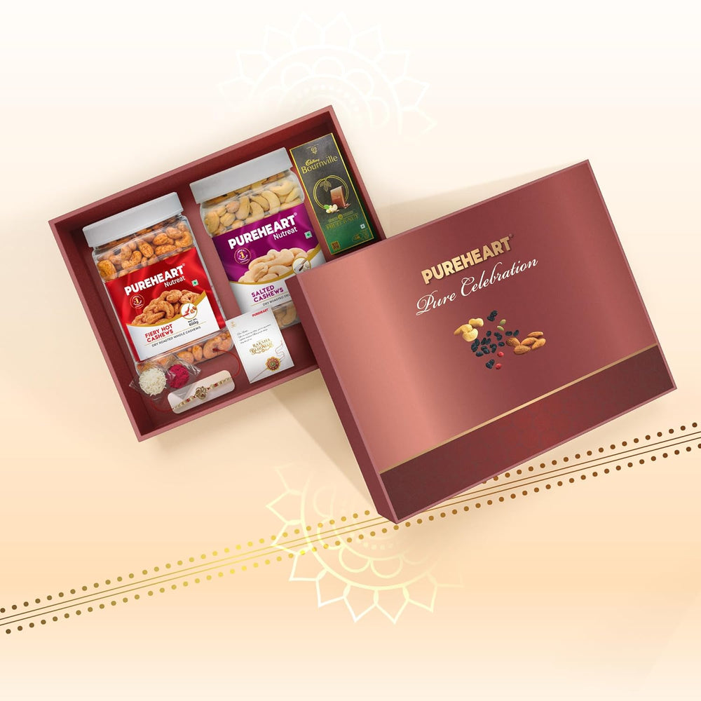 PUREHEART Rakhi Gift Hamper - Premium Dry Fruits Salted Cashews, Fiery Hot Cashews (650g, each), Cadbury Bournville Fruit & Nut Dark Chocolate with Rakhi for Brother, Gift Card, Pooja Rice, Kumkum