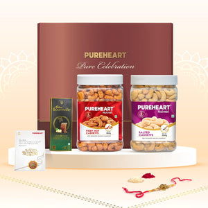 PUREHEART Rakhi Gift Hamper - Premium Dry Fruits Salted Cashews, Fiery Hot Cashews (650g, each), Cadbury Bournville Fruit & Nut Dark Chocolate with Rakhi for Brother, Gift Card, Pooja Rice, Kumkum