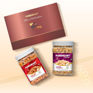 PUREHEART Rakhi Gift Hamper - Premium Dry Fruits Salted Cashews, Fiery Hot Cashews (650g, each), Cadbury Bournville Fruit & Nut Dark Chocolate with Rakhi for Brother, Gift Card, Pooja Rice, Kumkum