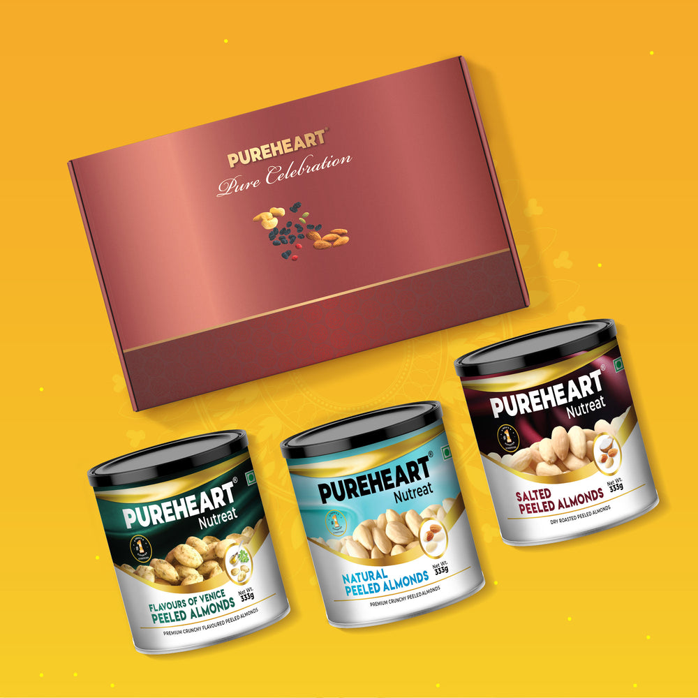 PUREHEART Onam Gift Hamper - Peeled Almonds Natural, Salted & Flavours of Venice (333g, each) with  Gift Card & Chocolate - Crunchy Dry Fruits