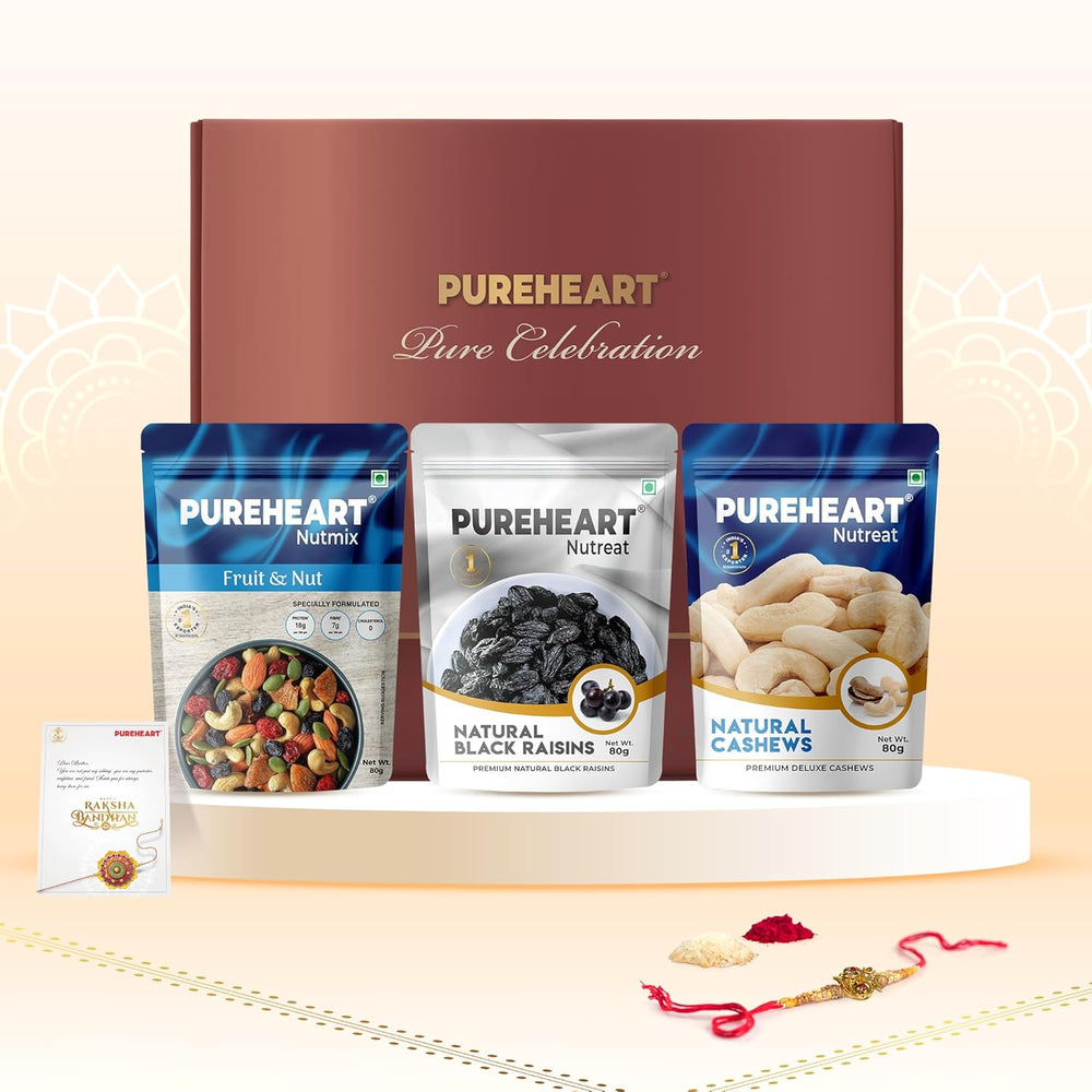 PUREHEART Rakhi Gift Hamper- Natural Cashews, Fruit & Nut Nutmix and Black Raisins (80g, each) with Designer Rakhi for Brother, Gift Card, Pooja Rice, Kumkum - Combo of Crunchy Dry Fruits and Nuts