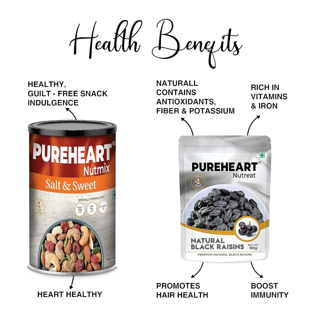 Pureheart Khatta Mitha Combo Gift Hamper - Nutmix Salt & Sweet (230 gm) & Natural Black Raisins (80 gm) Mix Nuts & Dry Fruits - Ideal Gift Option
