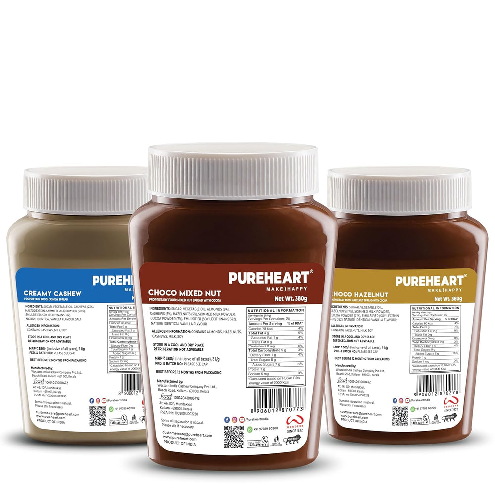 Pureheart Nut Spread Combo of Creamy Cashew (380 gm) Choco Hazelnut (380 gm) and Choco Mixed Nut (380 gm) Creamy and Nutty Chocolate Spread for Breakfast