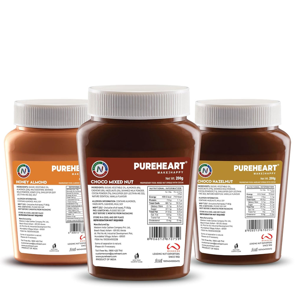 Pureheart Nut Spread Combo of Honey Almond (200 gm) Choco Hazelnut (200 gm) and Choco Mixed Nut (200 gm) Creamy and Nutty Chocolate Spread for Breakfast