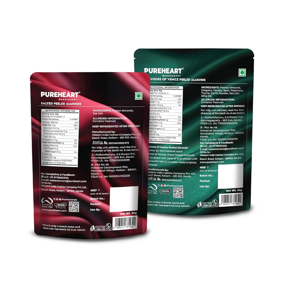 Pureheart Nutreat Combo of Peeled Almonds Natural and Flavoured Almonds (80 gm, Each) Flavours of Venice - Whole Blanched California Premium Almond Nuts Without Skin/Dried Badam/Dry Fruit