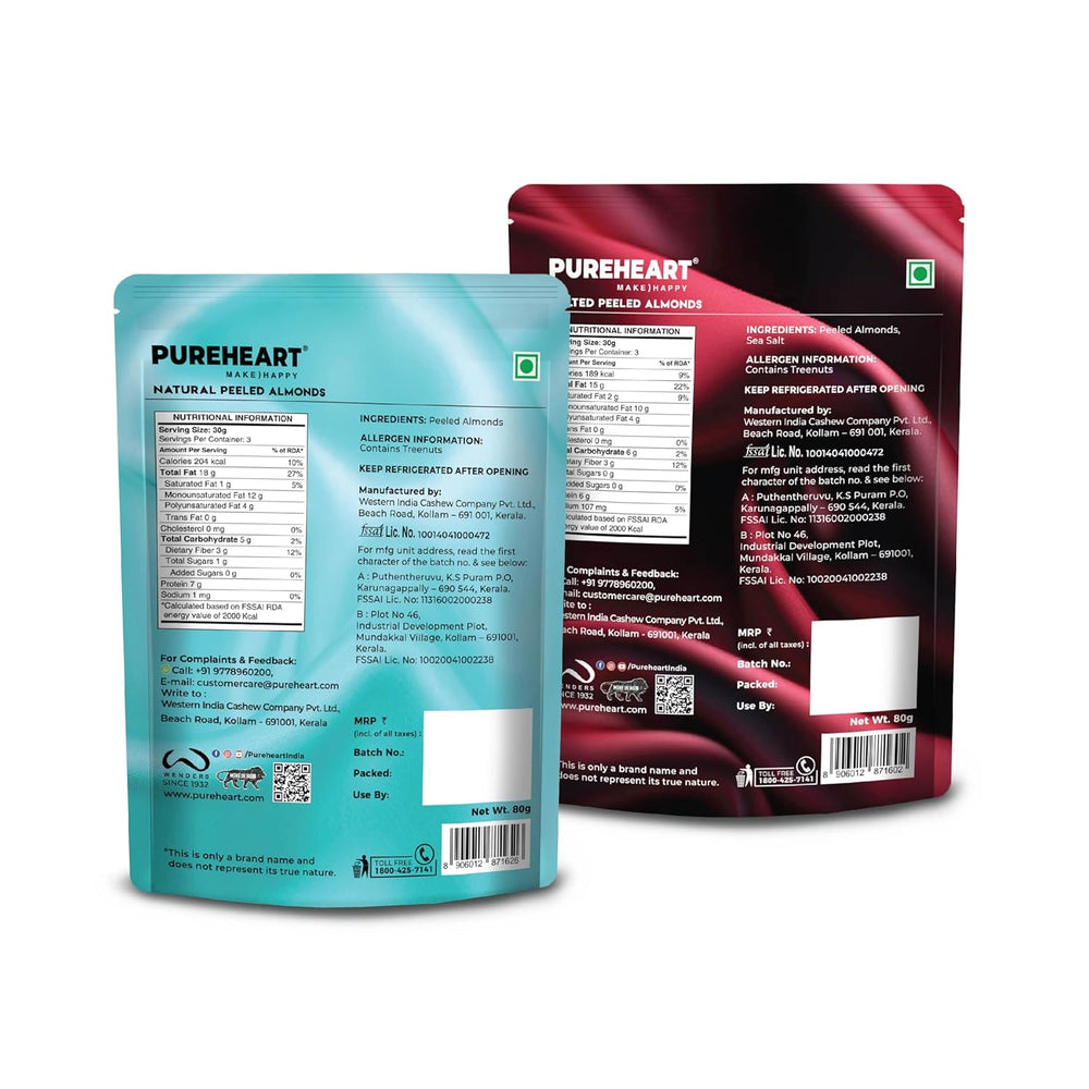 Pureheart Nutreat Combo of Peeled Almonds Natural and Salted Roasted Almond (80 gm, Each) Whole Blanched Premium California Premium Almond Nuts Without Skin/Dried Badam/Dry Fruit