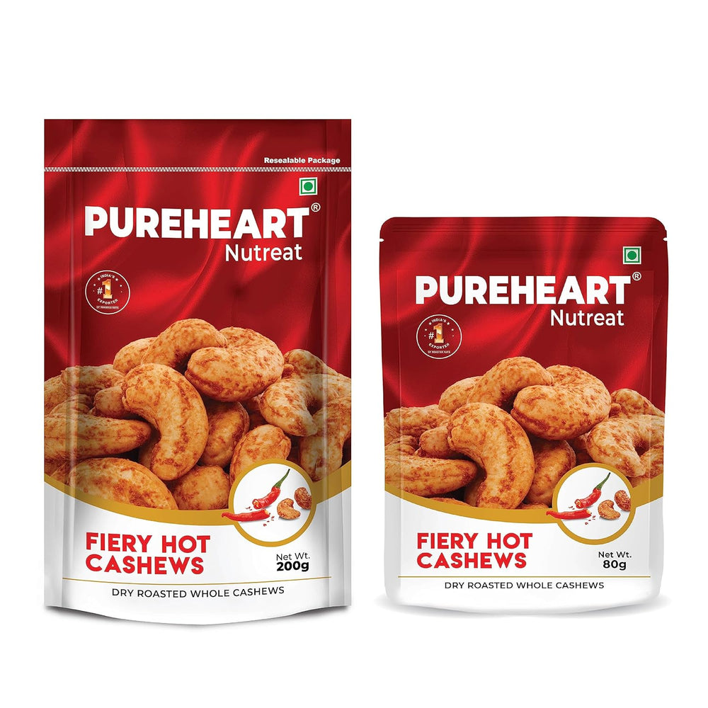Pureheart Nutreat Fiery Hot Cashews (Pack of 200 gm & 80 gm) Natural Premium Spicy Roasted Whole Cashew Nuts/Kaju Dry Fruit, Crunchy & Delicious Chili Cashews Combo - Resealable Pouch