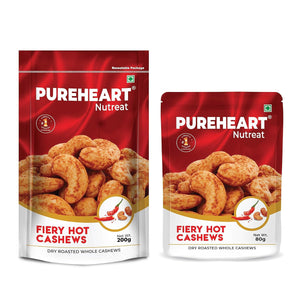 Pureheart Nutreat Fiery Hot Cashews (Pack of 200 gm & 80 gm) Natural Premium Spicy Roasted Whole Cashew Nuts/Kaju Dry Fruit, Crunchy & Delicious Chili Cashews Combo - Resealable Pouch