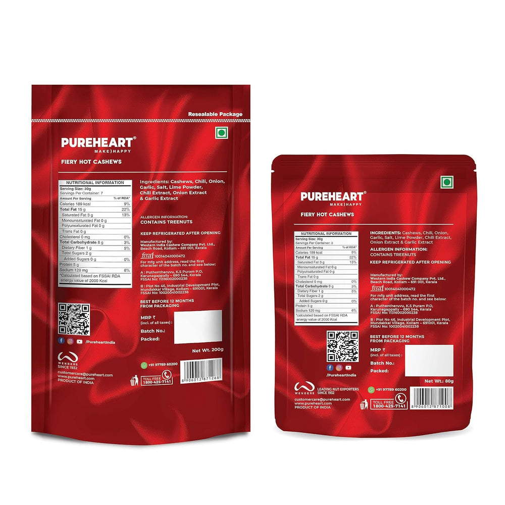 Pureheart Nutreat Fiery Hot Cashews (Pack of 200 gm & 80 gm) Natural Premium Spicy Roasted Whole Cashew Nuts/Kaju Dry Fruit, Crunchy & Delicious Chili Cashews Combo - Resealable Pouch