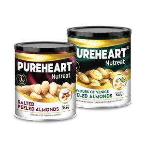 Pureheart Nutreat Peeled Almonds Roasted Salted and Flavoured Almonds (333 gm, Each) Combo Flavours of Venice - Whole Blanched California Premium Almond Nuts Without Skin/Dried Badam/Dry Fruit