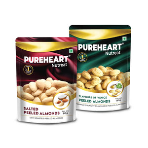 Pureheart Nutreat Peeled Almonds Roasted Salted and Flavoured Almonds (80 gm, Each) Combo Flavours of Venice - Whole Blanched California Premium Almond Nuts Without Skin/Dried Badam/Dry Fruit