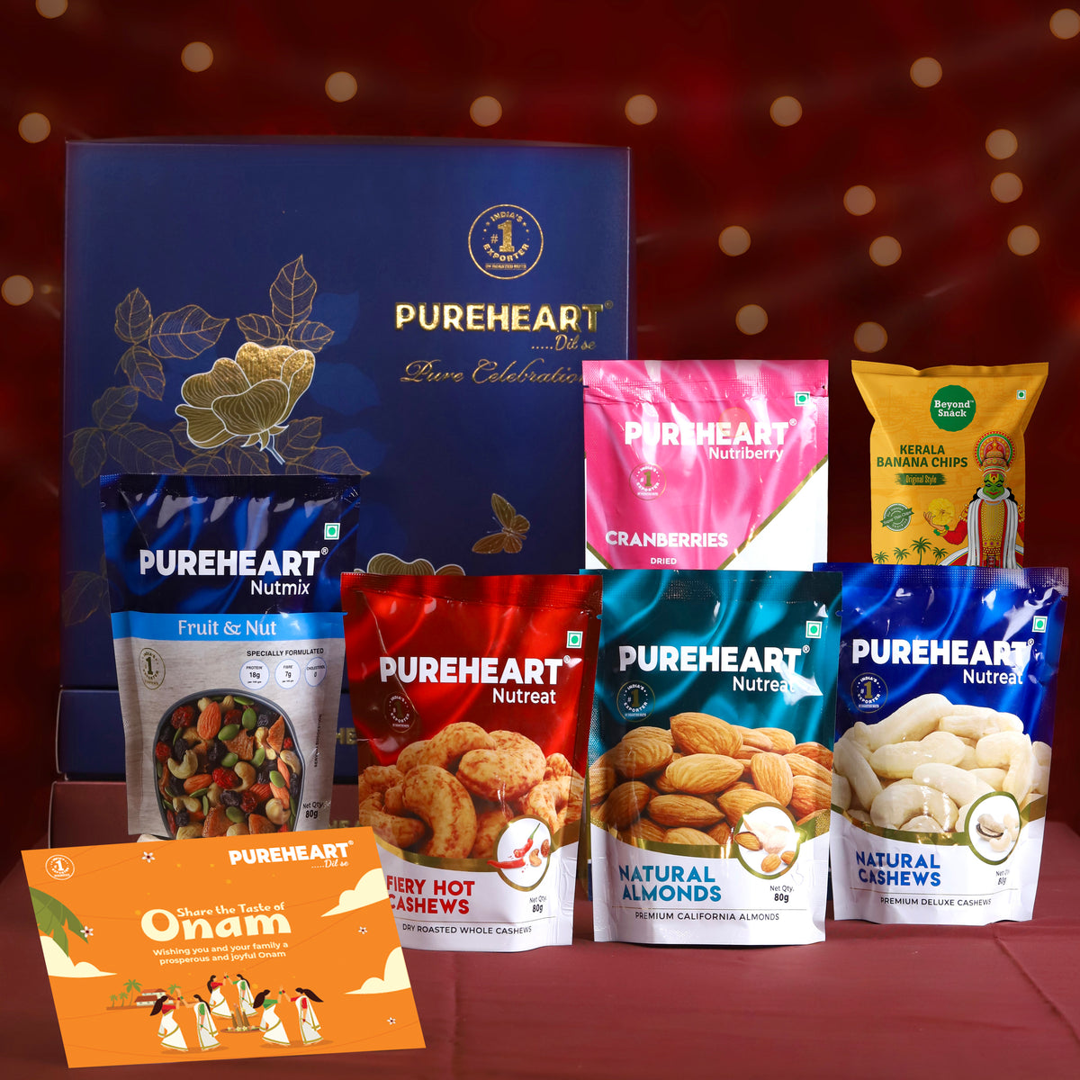 PUREHEART Onam Gift Hamper - Natural and Fieryhot Cashews, Almonds, Fruit & Nut Nutmix, Cranberries (80 g, each) with Banana Chips,