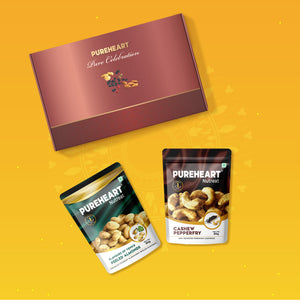 PUREHEART Onam  Hamper Peeled Almonds Flavors of Venice, Pepperfry Cashews (80g, each), Cadbury Bournville Fruit & Nut Dark Chocolate Combo with  Gift Card.