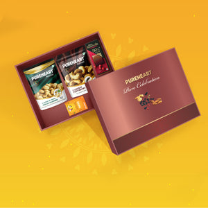 PUREHEART Onam  Hamper Peeled Almonds Flavors of Venice, Pepperfry Cashews (80g, each), Cadbury Bournville Fruit & Nut Dark Chocolate Combo with  Gift Card.