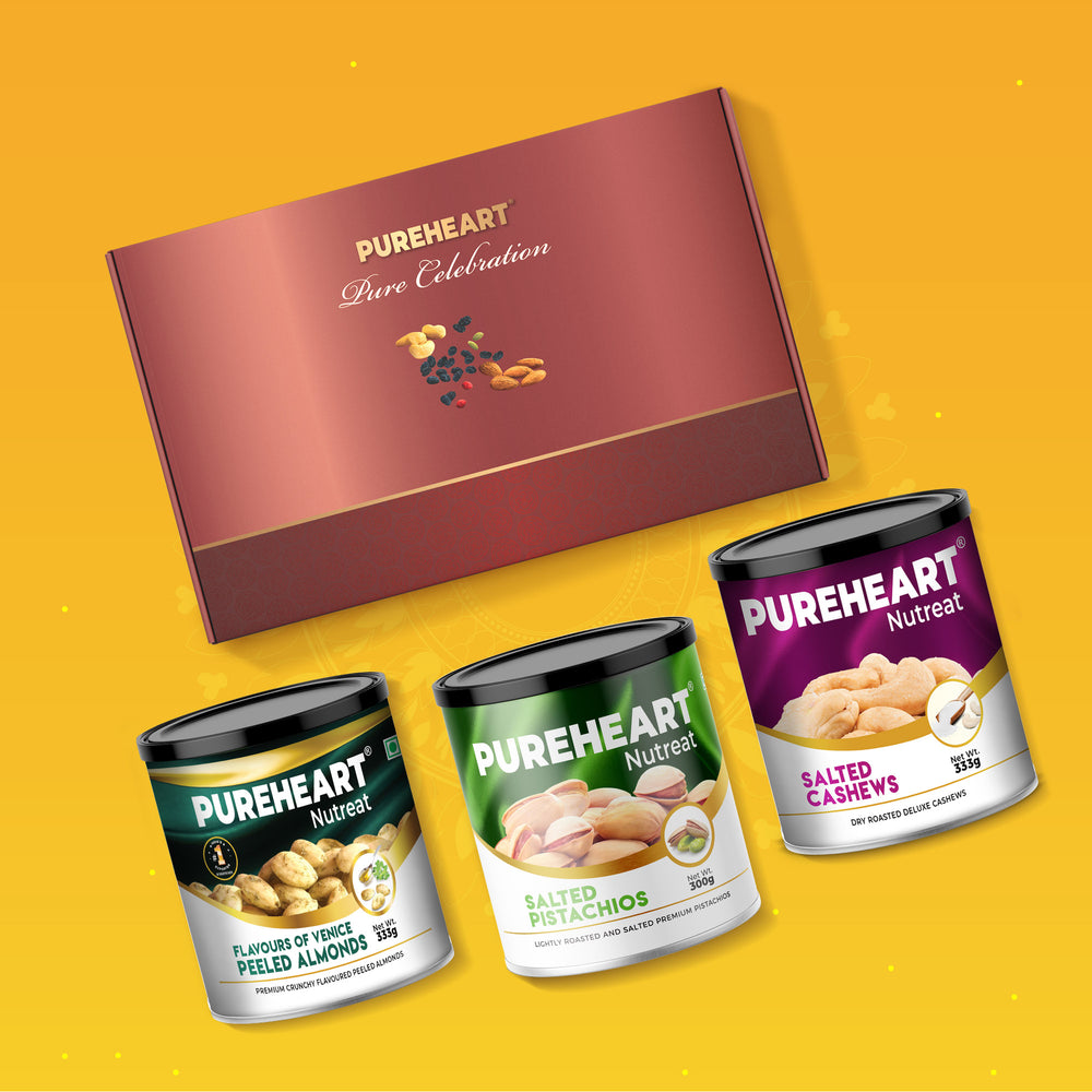 PUREHEART Onam Gift Hamper Salted Cashews, Peeled Almonds Flavours of Venice & Pistachio (333g, each), Cadbury Bournville Dark Chocolate with  Gift Card,