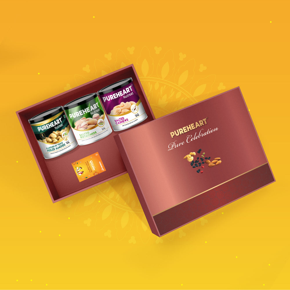 PUREHEART Onam Gift Hamper Salted Cashews, Peeled Almonds Flavours of Venice & Pistachio (333g, each), Cadbury Bournville Dark Chocolate with  Gift Card,