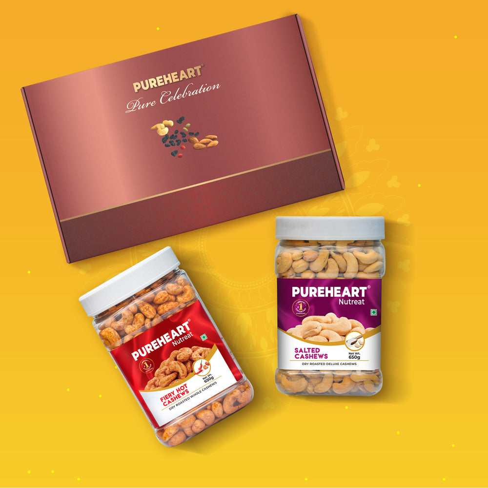 PUREHEART Onam Gift Hamper Salted Cashews, Fiery Hot Cashews (650g, each), Cadbury Bournville Dark Chocolate with Gift Card,  - Premium Dry Fruits Gift