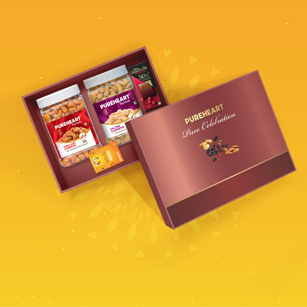 PUREHEART Onam Gift Hamper Salted Cashews, Fiery Hot Cashews (650g, each), Cadbury Bournville Dark Chocolate with Gift Card,  - Premium Dry Fruits Gift