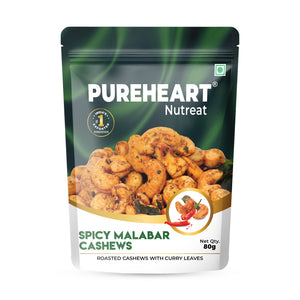 Pureheart Spicy Malabar Cashews 80g | Roasted Masala Kaju with Curry Leaves | Premium Crunchy Flavored Cashew Nuts | Healthy Snack, Protein Rich Dry Fruits | Spicy Roasted Nuts Pack