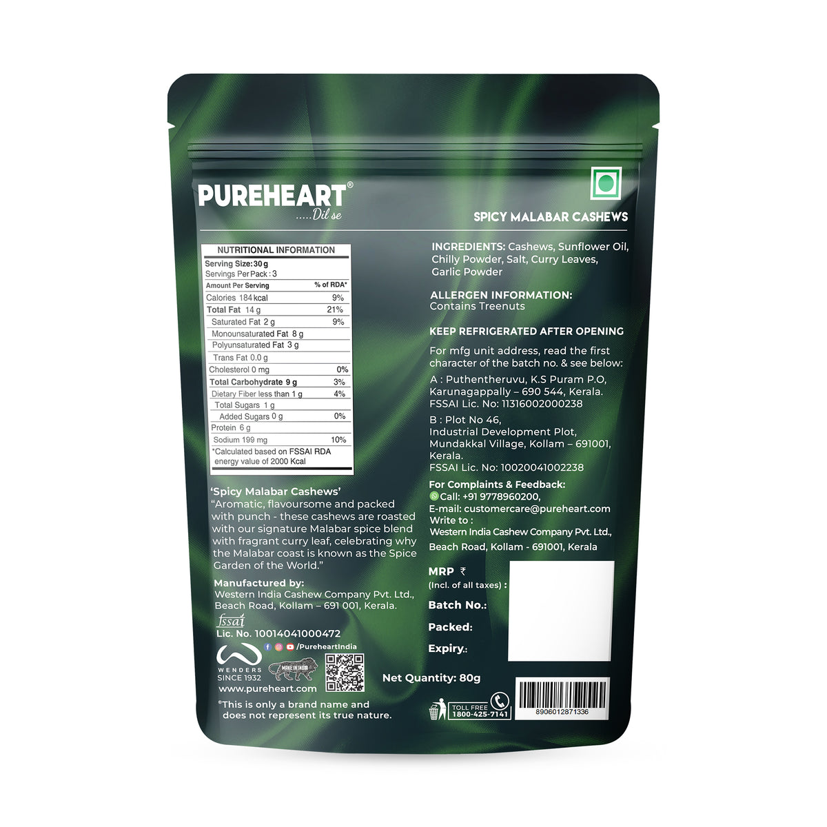 Pureheart Spicy Malabar Cashews 80g | Roasted Masala Kaju with Curry Leaves | Premium Crunchy Flavored Cashew Nuts | Healthy Snack, Protein Rich Dry Fruits | Spicy Roasted Nuts Pack