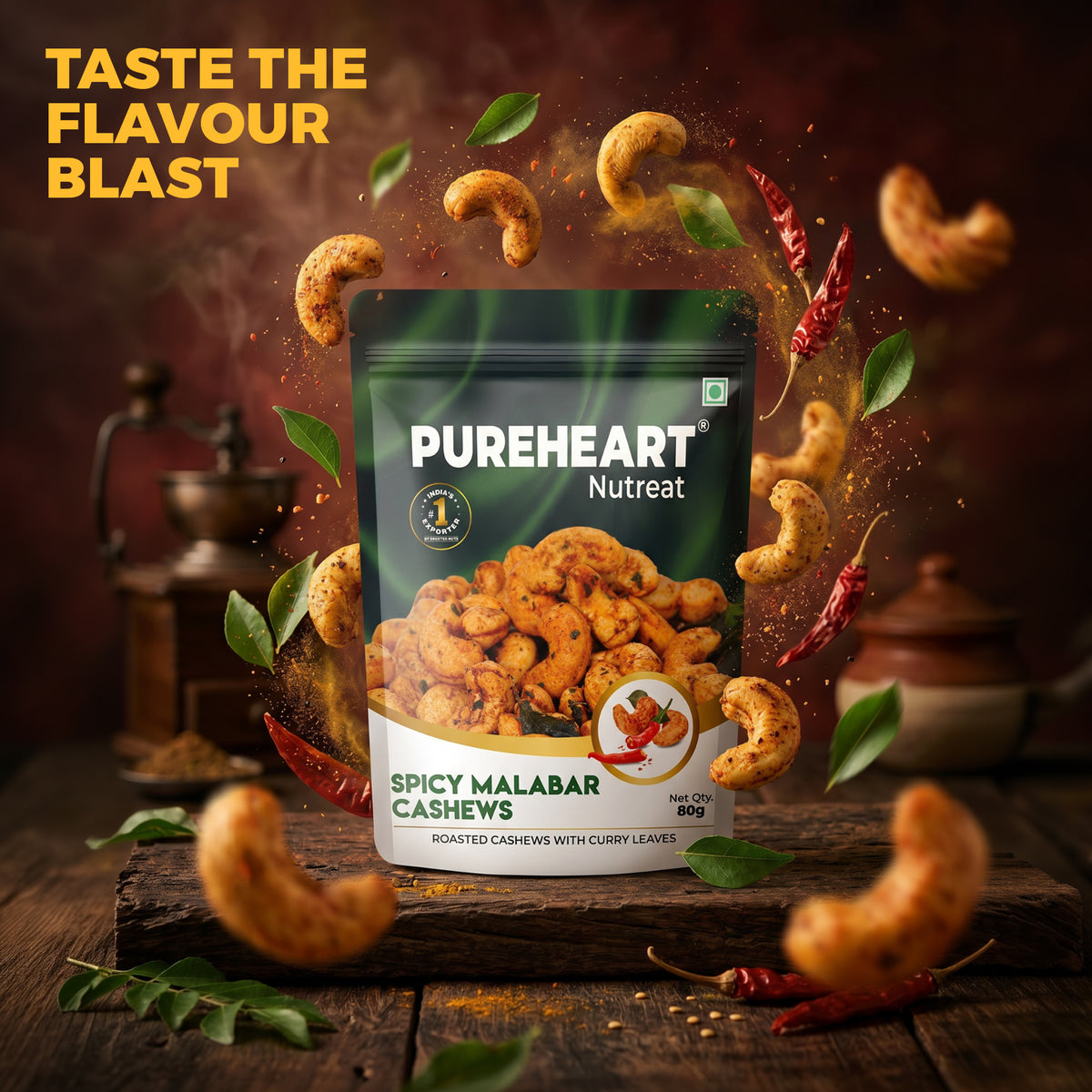 Pureheart Spicy Malabar Cashews 80g | Roasted Masala Kaju with Curry Leaves | Premium Crunchy Flavored Cashew Nuts | Healthy Snack, Protein Rich Dry Fruits | Spicy Roasted Nuts Pack