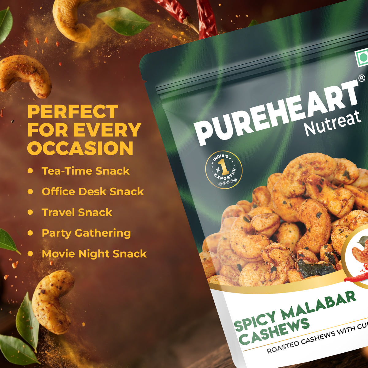 Pureheart Spicy Malabar Cashews 80g | Roasted Masala Kaju with Curry Leaves | Premium Crunchy Flavored Cashew Nuts | Healthy Snack, Protein Rich Dry Fruits | Spicy Roasted Nuts Pack
