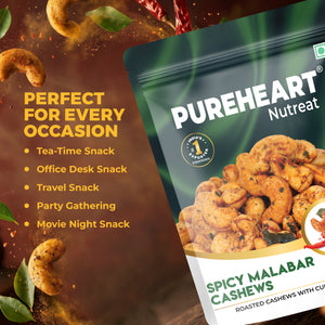 Pureheart Spicy Malabar Cashews 80g | Roasted Masala Kaju with Curry Leaves | Premium Crunchy Flavored Cashew Nuts | Healthy Snack, Protein Rich Dry Fruits | Spicy Roasted Nuts Pack