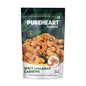 Pureheart Spicy Malabar Cashews 80g | Roasted Masala Kaju with Curry Leaves | Premium Crunchy Flavored Cashew Nuts | Healthy Snack, Protein Rich Dry Fruits | Spicy Roasted Nuts Pack