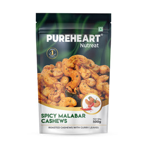 Pureheart Spicy Malabar Cashews 80g | Roasted Masala Kaju with Curry Leaves | Premium Crunchy Flavored Cashew Nuts | Healthy Snack, Protein Rich Dry Fruits | Spicy Roasted Nuts Pack