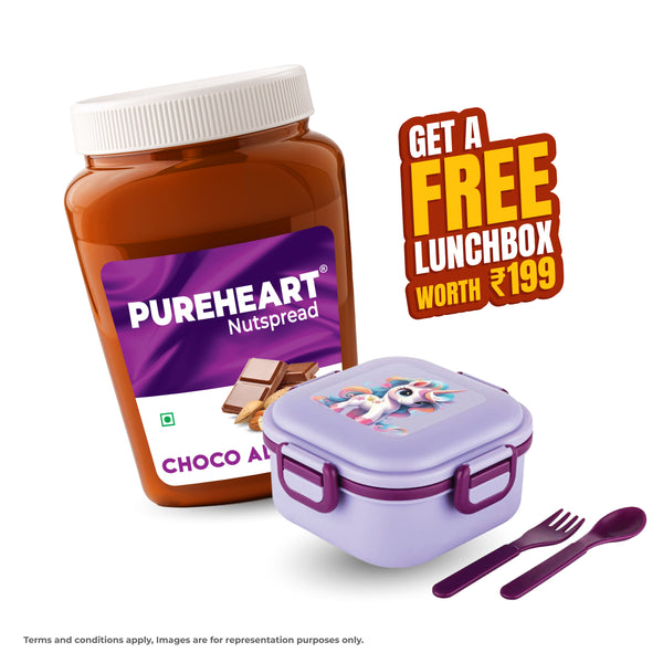 PUREHEART Choco Almond Nut Spread 350gm with Lunch Box | Chocolate Almond Creamy, Smooth & Nutty | Rich in Roasted Nuts | Healthy Breakfast Spread for Kids & Family | No. 1 Exporter of Roasted Nuts