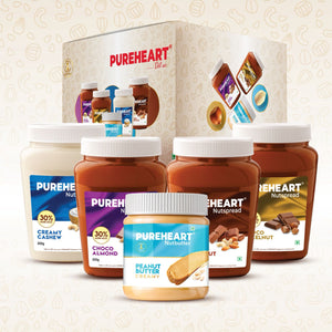 Pureheart Nut Spread Combo of Creamy Cashew, Choco Hazelnut, Choco Almond, Choco Mixed Nut, and Creamy Peanut Butter  | Nutty Spreads for Breakfast, Snacks | Back 2 School Offer get free lunch box worth 199 , Time Table Stamp, and Name Slip