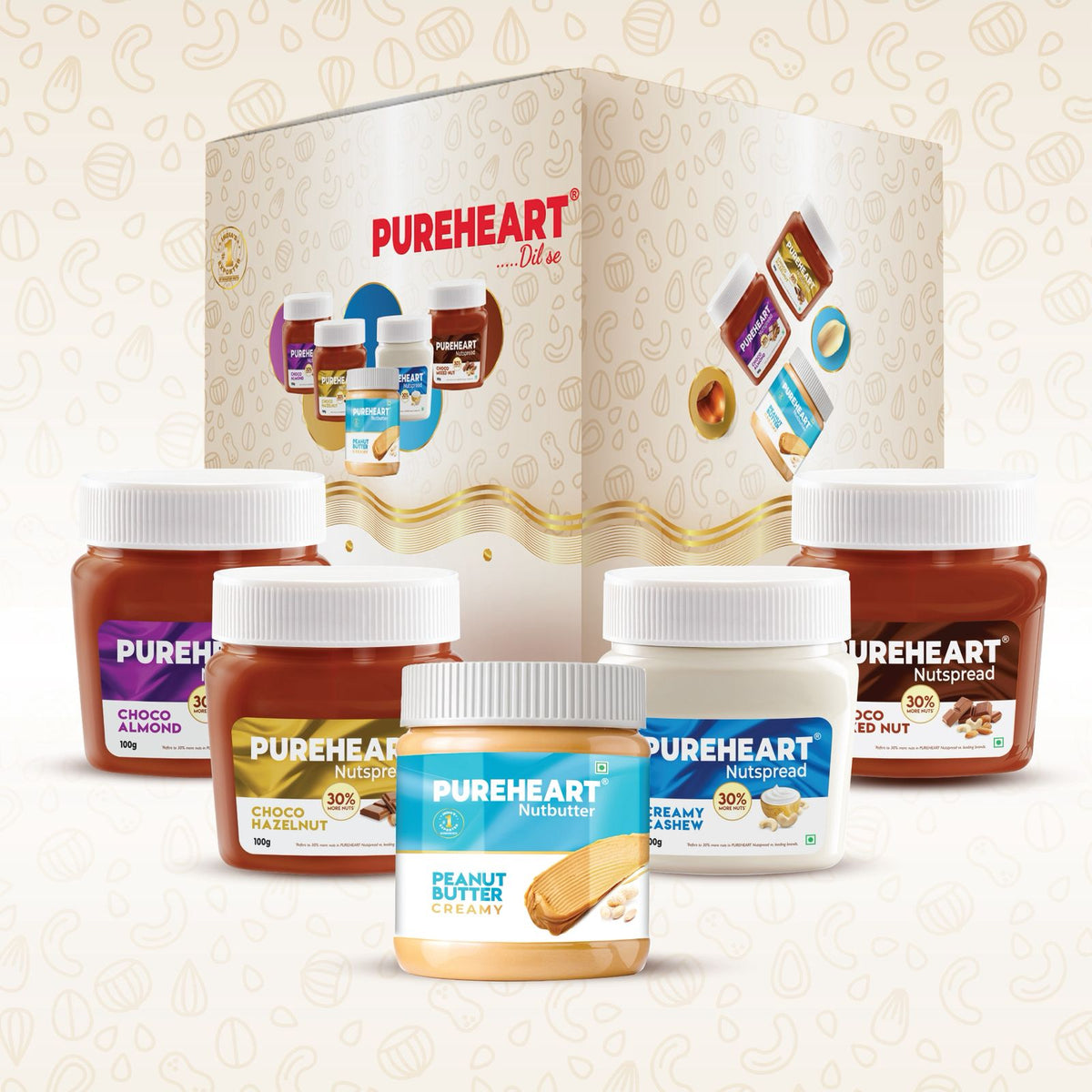 Pureheart Nut Spread Combo (5 Flavours) | Back to School Offer with Free DOMS Kit – Colour Pencils (12 Shades), Water Colour Pens, Crayons, Graphite Pencils, Eraser, Sharpener, Time Table Stamp & Name Slip