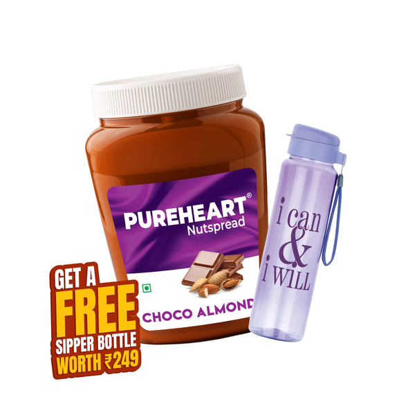 PUREHEART Choco Almond Nut Spread 350gm with Water Sipper Bottle or DOMS Stationary Kit | Chocolate Almond Creamy, Smooth & Nutty | Rich in Roasted Nuts | Healthy Breakfast Spread for Kids & Family | No. 1 Exporter of Roasted Nuts