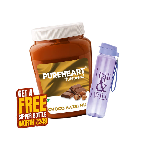 PUREHEART Nut Spread Choco Hazelnut 350 gm with water sipper bottle or DOMS Stationary Kit |Nutty, Smooth and Creamy Chocolate Hazelnut Spread for Breakfast | No. 1 Exporter of Roasted Nuts